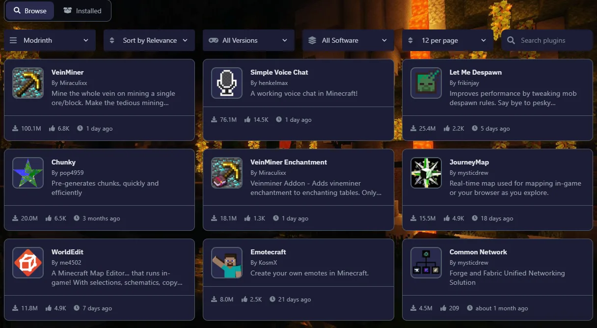 ATBP game panel Plugins page: search and install Modrinth plugins
