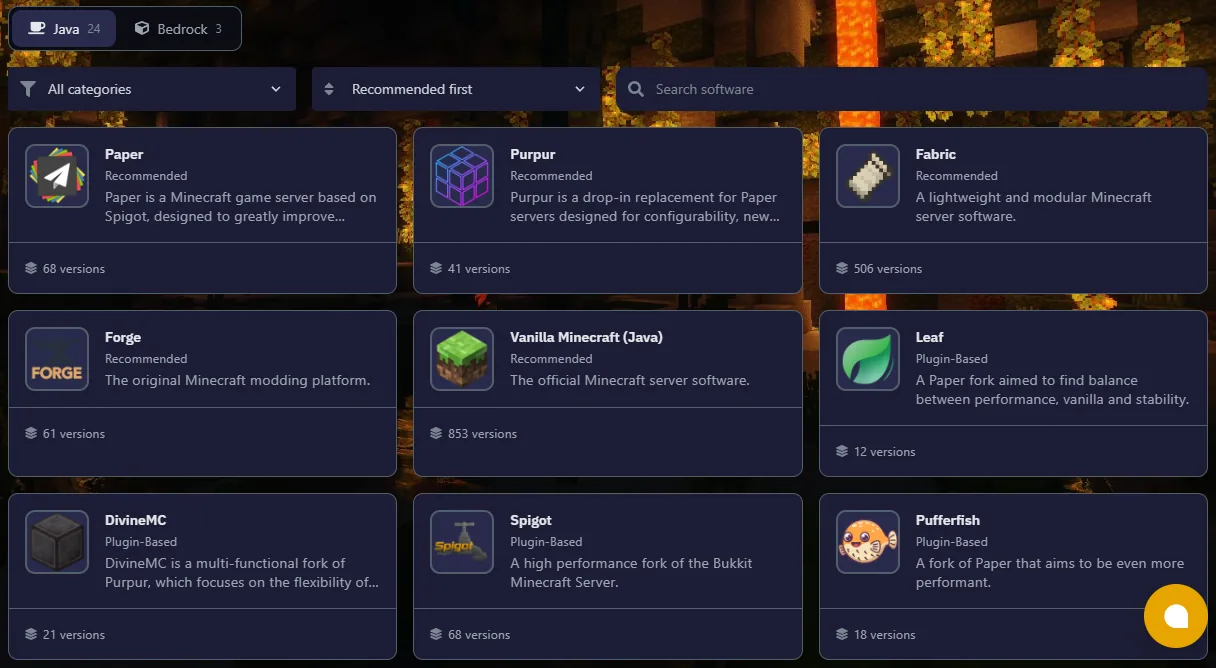 ATBP game panel Software page: Paper, Purpur, Fabric, Forge and more for Java and Bedrock